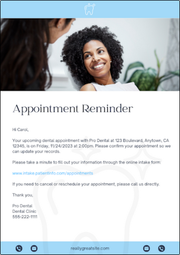Image of an appointment reminder email sent as part of healthcare email marketing