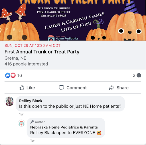 Image of an event posted on Nebraska Home Pediatrics Facebook page showing their response