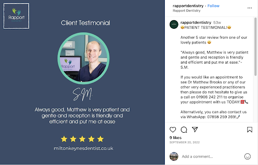 Image of a customer testimonial on Rapport Dentistry's web site showing  part of its healthcare reputation management approach