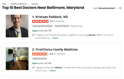 Image of Yelp Review page for 10 best doctor's near Baltimore, MD