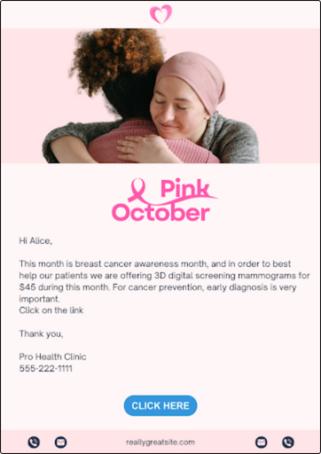 Image of sample promotional email a doctor might send for breast cancer awareness month
