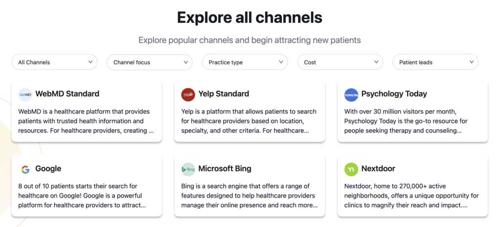 KiwiHealth's list of sample channel listings available from its service