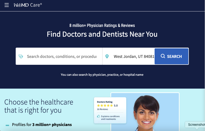 An image of WebMD's physician finder -- one of the best sites for doctor reviews